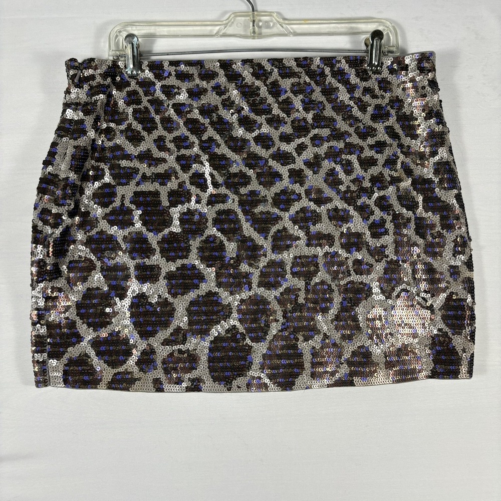 Express Womens Leopard Sequin‎ Mini Skirt Silver Blue Black Animal Print Large